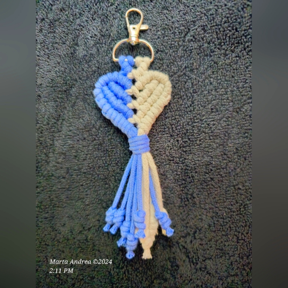 NWOT Handmade Macramé Two-Tone Heart Keychain